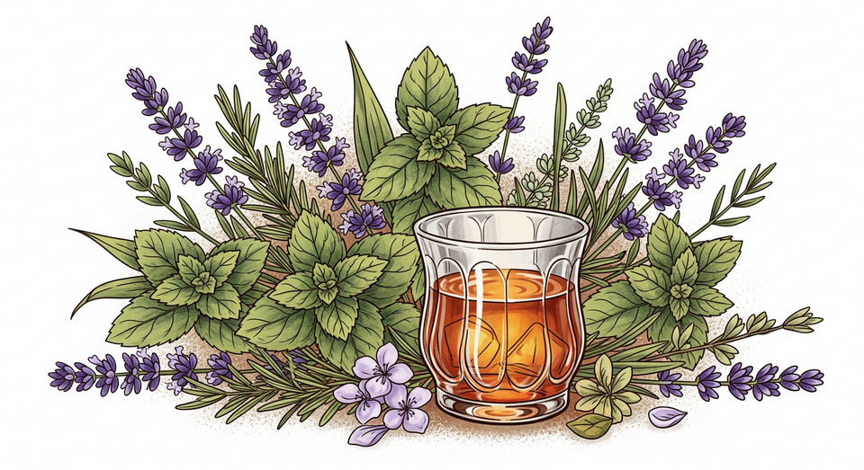 アイキャッチ画像：温かみのあるハーブとハーブ酒の風景