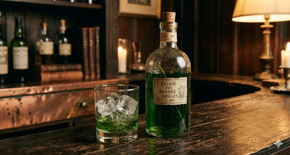 アンティークなボトルに入ったハーブ酒とロックグラスの写真