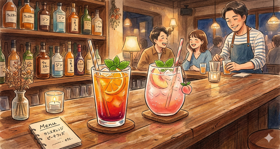 バーカウンターに並ぶ色鮮やかなカクテルの手描きイラスト