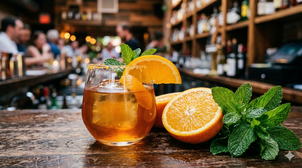 グラスに注がれたカクテルとフレッシュフルーツの写真