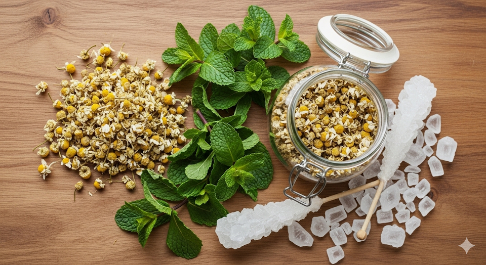 ドライハーブや氷砂糖など材料のイメージ