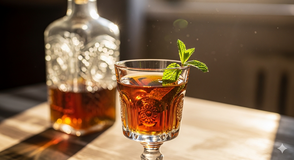 琥珀色に色付いた完成したハーブリキュール